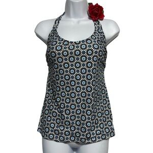 Kona Sol Tancini swim top LG blue black white geometric pattern EUC